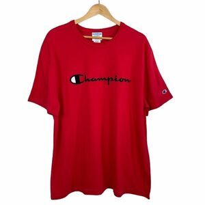 Vintage Champion black bar, crew‎ neck Embroidered patch red t-shirt size 2XL
